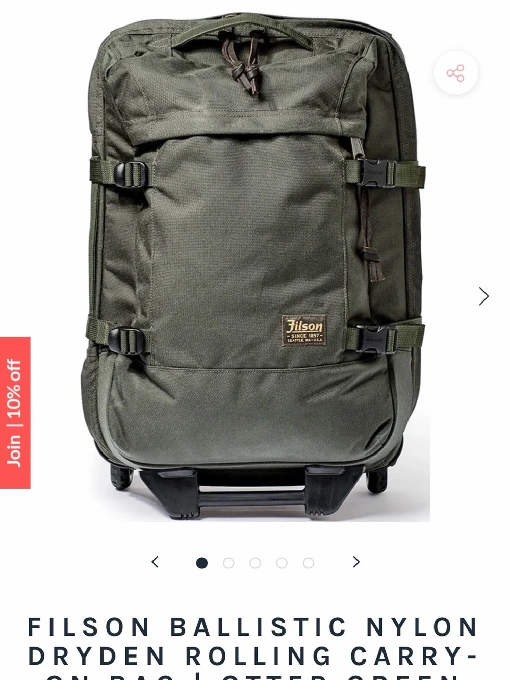 Filson Olive Green Ballistic Nylon Rolling Carry-On Bag